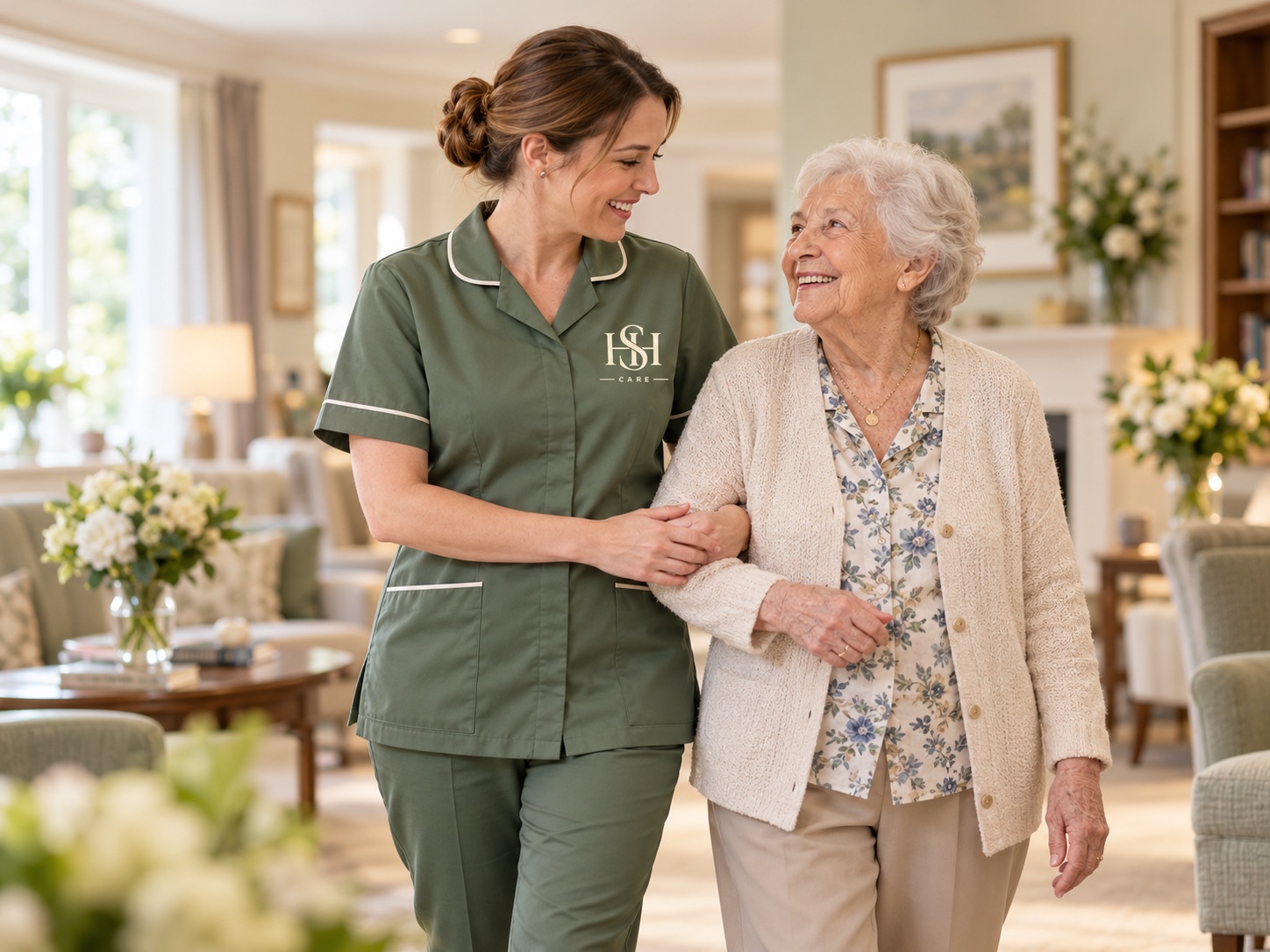 An HSH Care carer sitting with a client, holding her hand