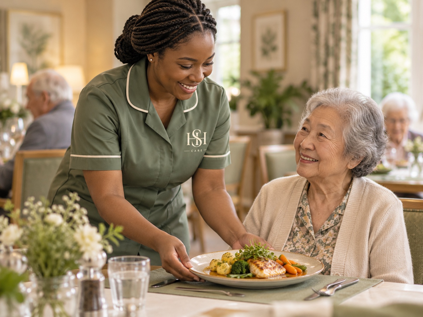An HSH Care carer sharing a meal with a client at her dining table