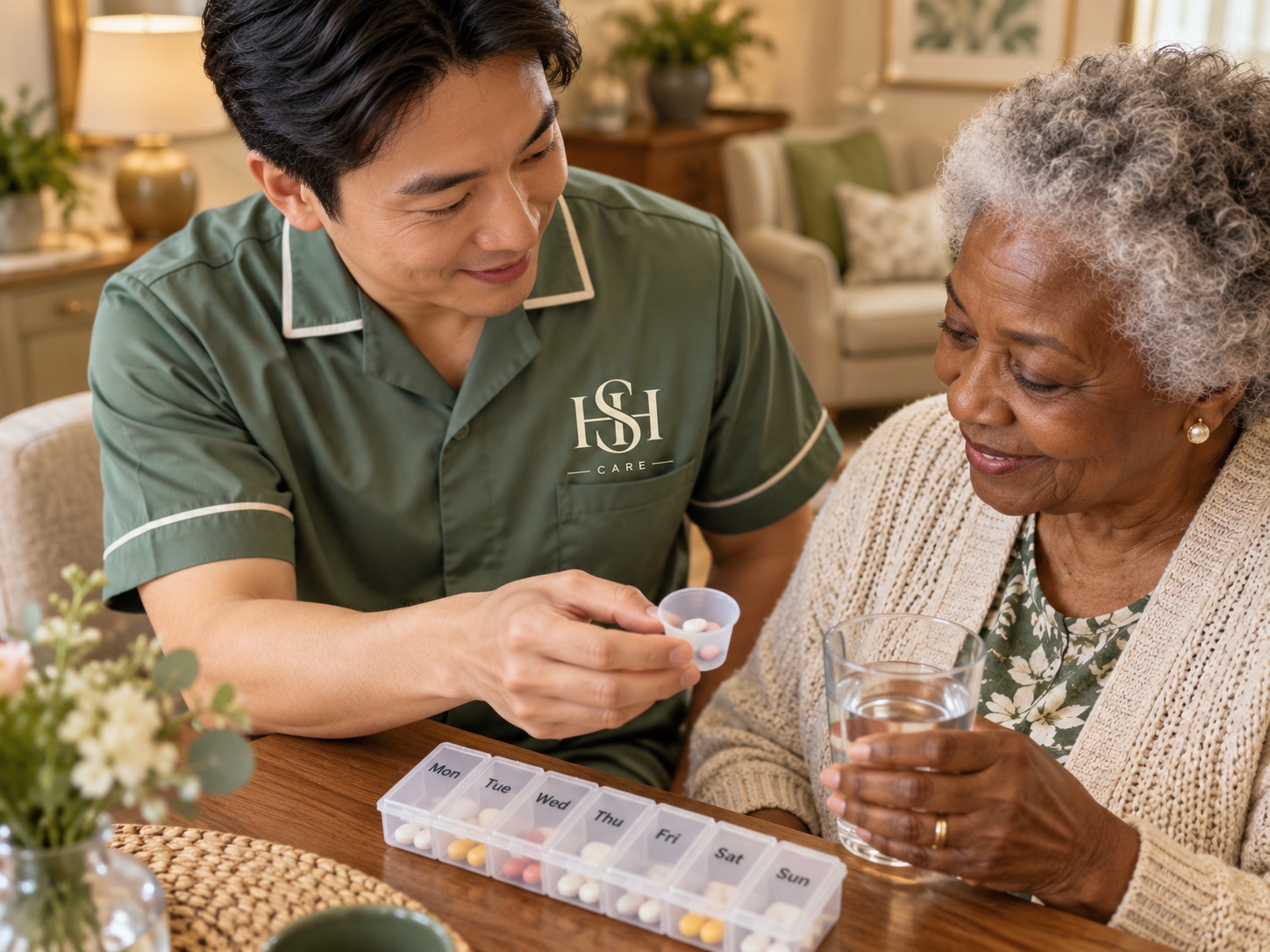 An HSH Care carer helping a client take his medication with a glass of water