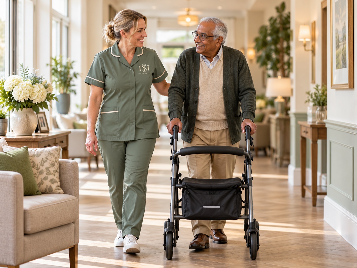 An HSH Care carer walking alongside a client using a wheeled walking frame