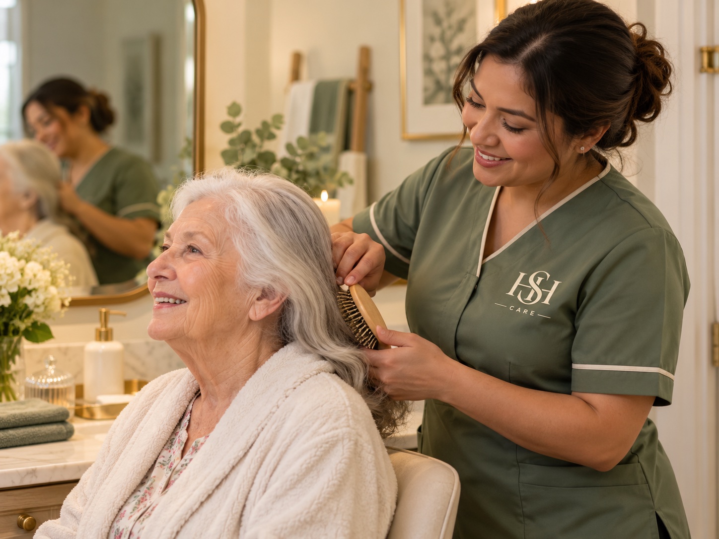 An HSH Care carer gently helping a client wash and freshen up