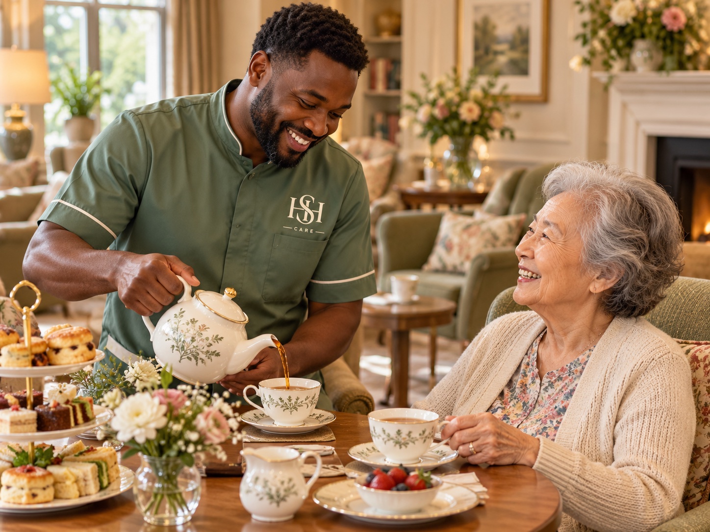 An HSH Care carer helping a client pour tea in her kitchen